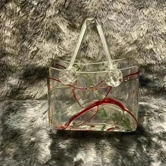 Romantic Red and Green on Clear Swirl  Art Glass Vase Handbag Purse - Picture 7 of 13
